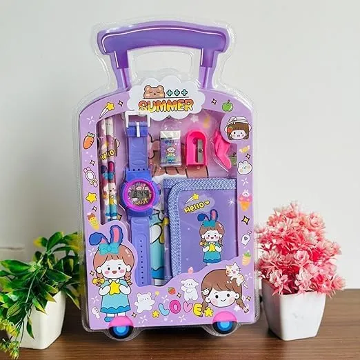 Kids Purple Cartoon Watch & Stationery Gift Set – School Essentials Travel Case