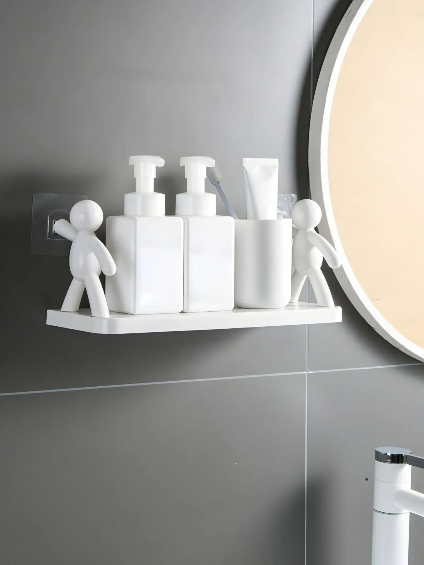Modern Self-Adhesive Bathroom Shelf with Cute Human Figure Design – Wall Mounted Organizer