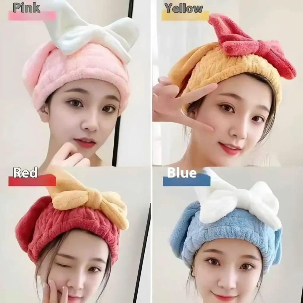 Soft Microfiber Bow Hair Drying Cap for Women | Quick Absorbent Shower Hair Towel Wrap | Cute Spa Head Turban (Pink/Yellow/Red/Blue)