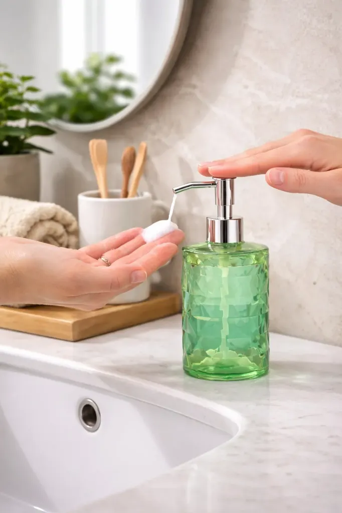 Sparkle Premium Liquid Soap Dispenser 300ML | Transparent Green Crystal Design | Durable Pump Bottle for Bathroom & Kitchen