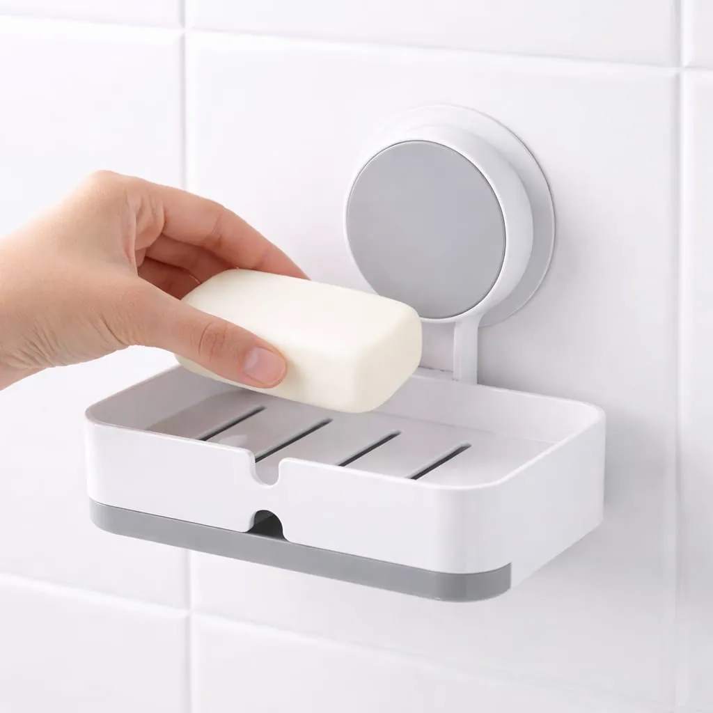 Wall Mounted Soap Holder with Drain Tray | Self Adhesive Soap Dish for Bathroom & Kitchen | Plastic Soap Stand | No Drilling Required