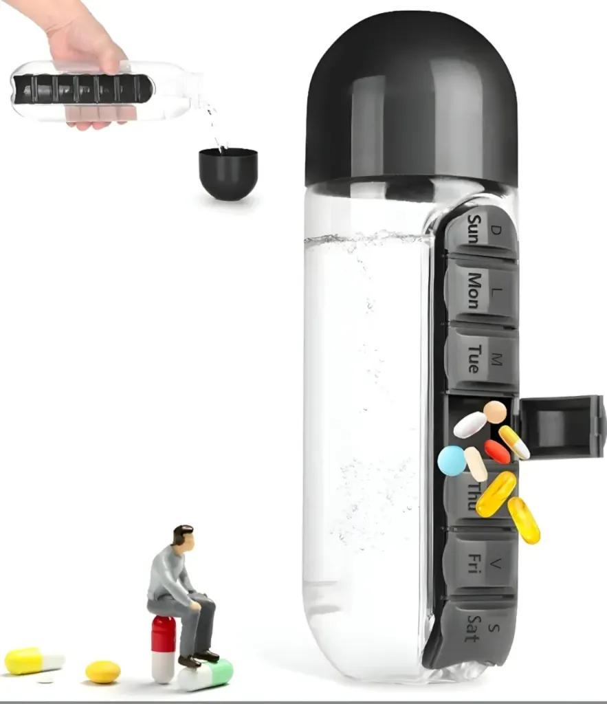 7-Day Pill Organizer Water Bottle 600ML | Daily Medicine Storage with Leak-Proof Drinking Bottle | Portable Weekly Tablet Case for Travel & Home
